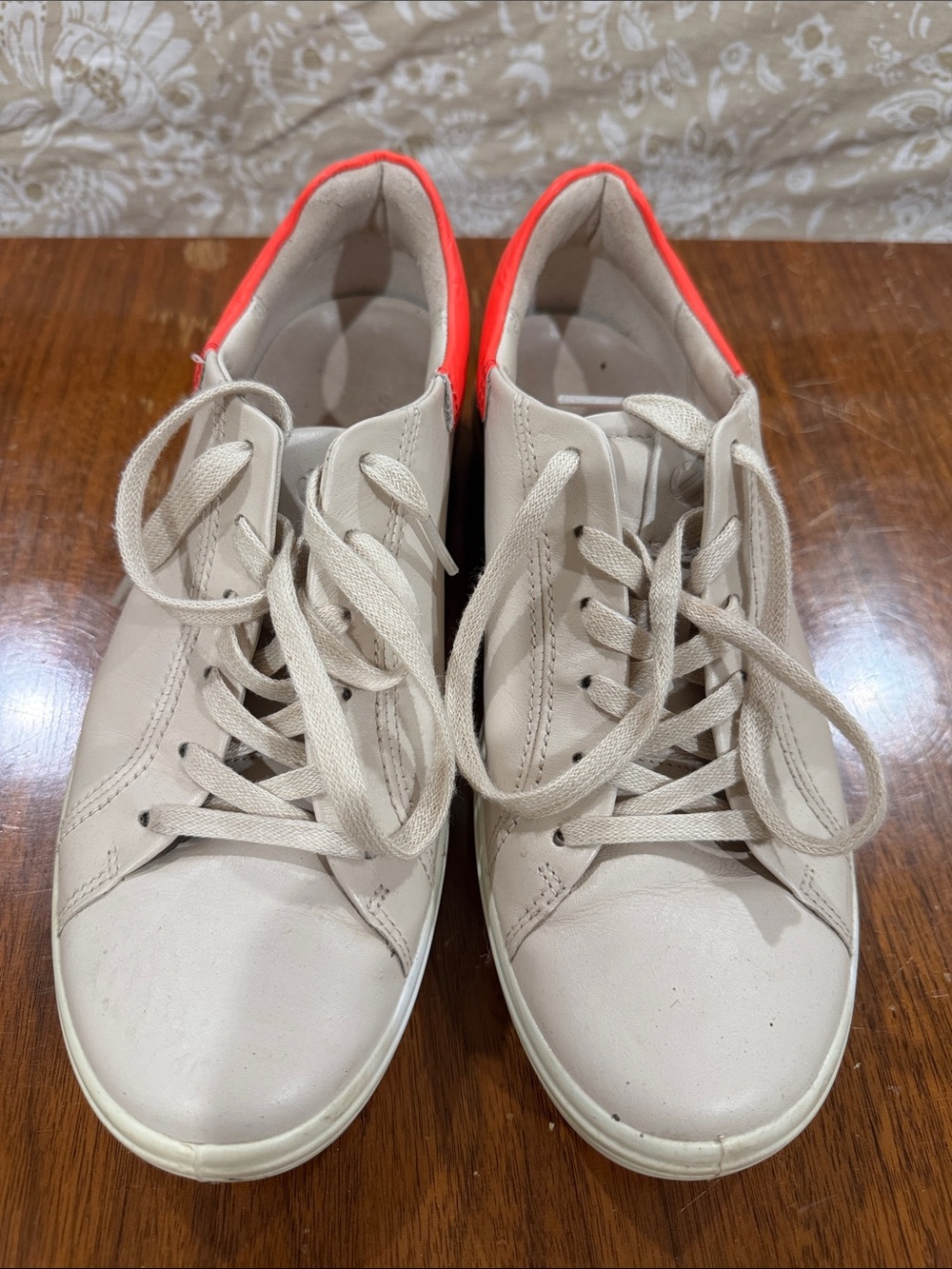 Ecco Beige Sneakers with Coral Heel Trim